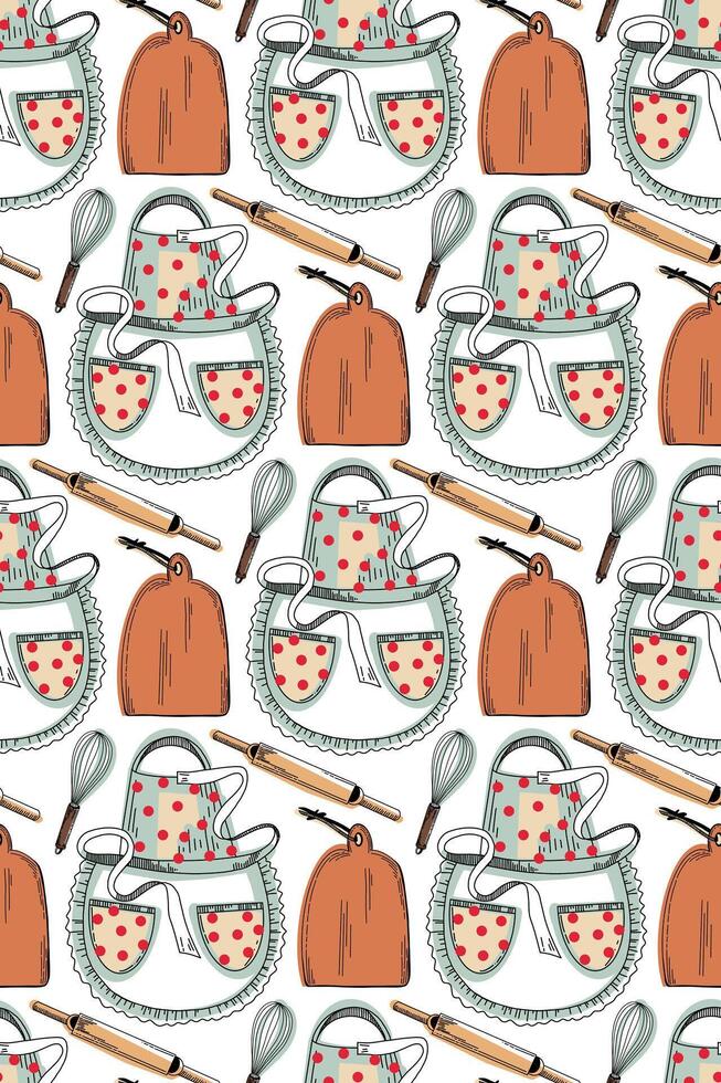 Seamless pattern with kitchen utensils. Cooking apron, rolling pin, cutting board, whisk. All objects are hand-drawn in colors of brown, red and black. For printing on fabric, paper, design vector