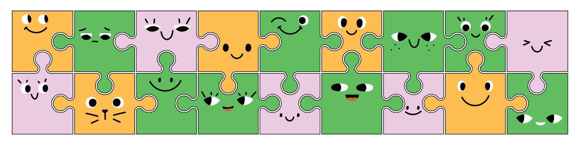 Cute puzzle character with abstract face, eyes and funny expression emoji. Flat illustration isolated on white background. vector