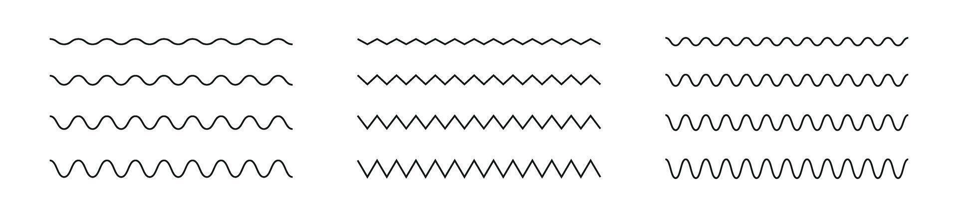 ondulado y zigzag líneas modelo con ondas y serpenteante trazos dinámica serrado curvas. plano ilustración aislado en blanco antecedentes. vector