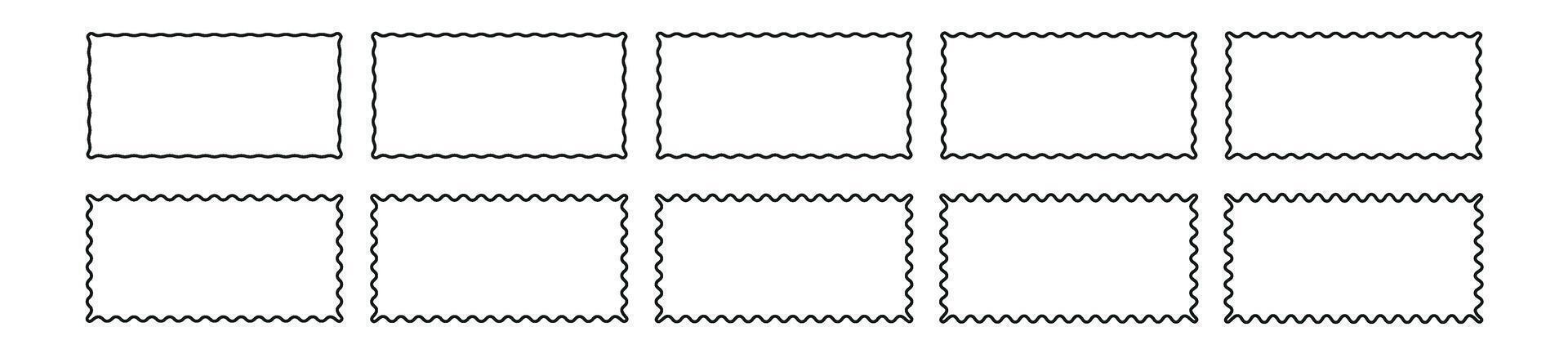 rectángulo y cuadrado ondulado marcos, guisado al gratén bordes, zigzag fronteras plano ilustración aislado en blanco antecedentes. vector