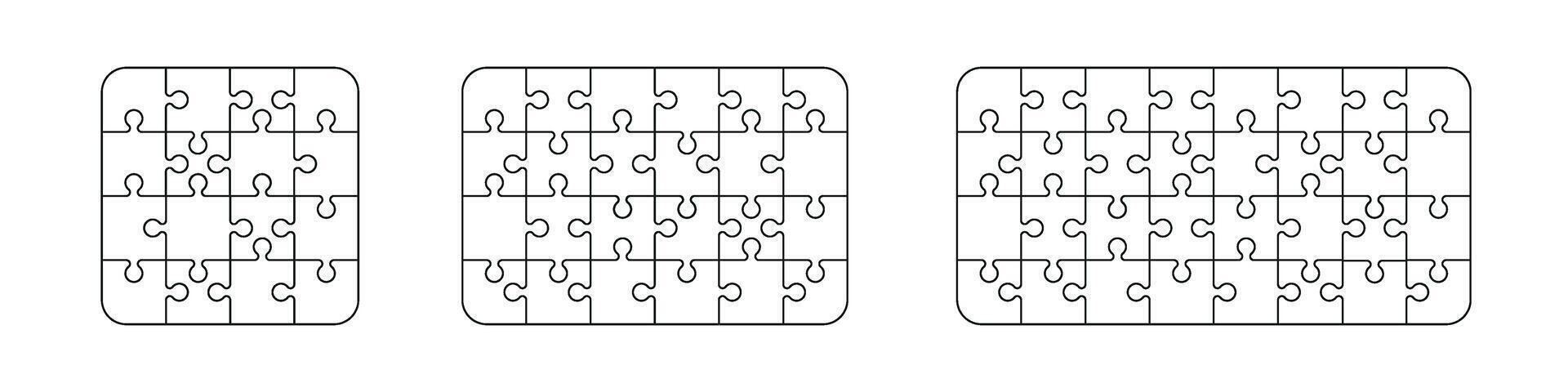 puzzle 16 ,24 and 32 pieces game template set. Jigsaw picture texture collection. Flat illustration isolated on white background. vector