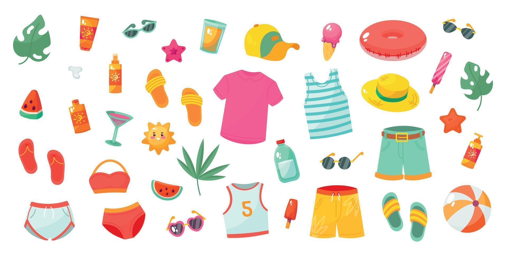 Set of summer vacation items isolated on white background. vector