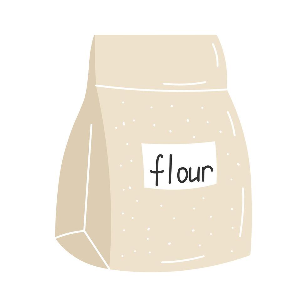 Flour in paper bag. Closed pack, package with baking ingredient. Product for cooking. Flat illustration isolated on white background vector