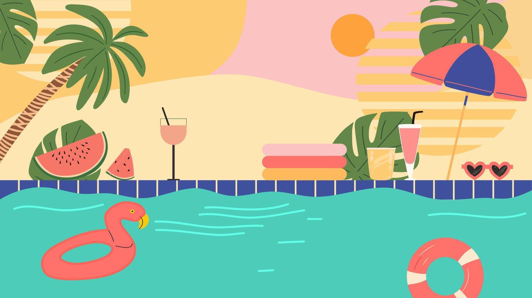 Pool horizontal poster. Relaxation at pool. vector