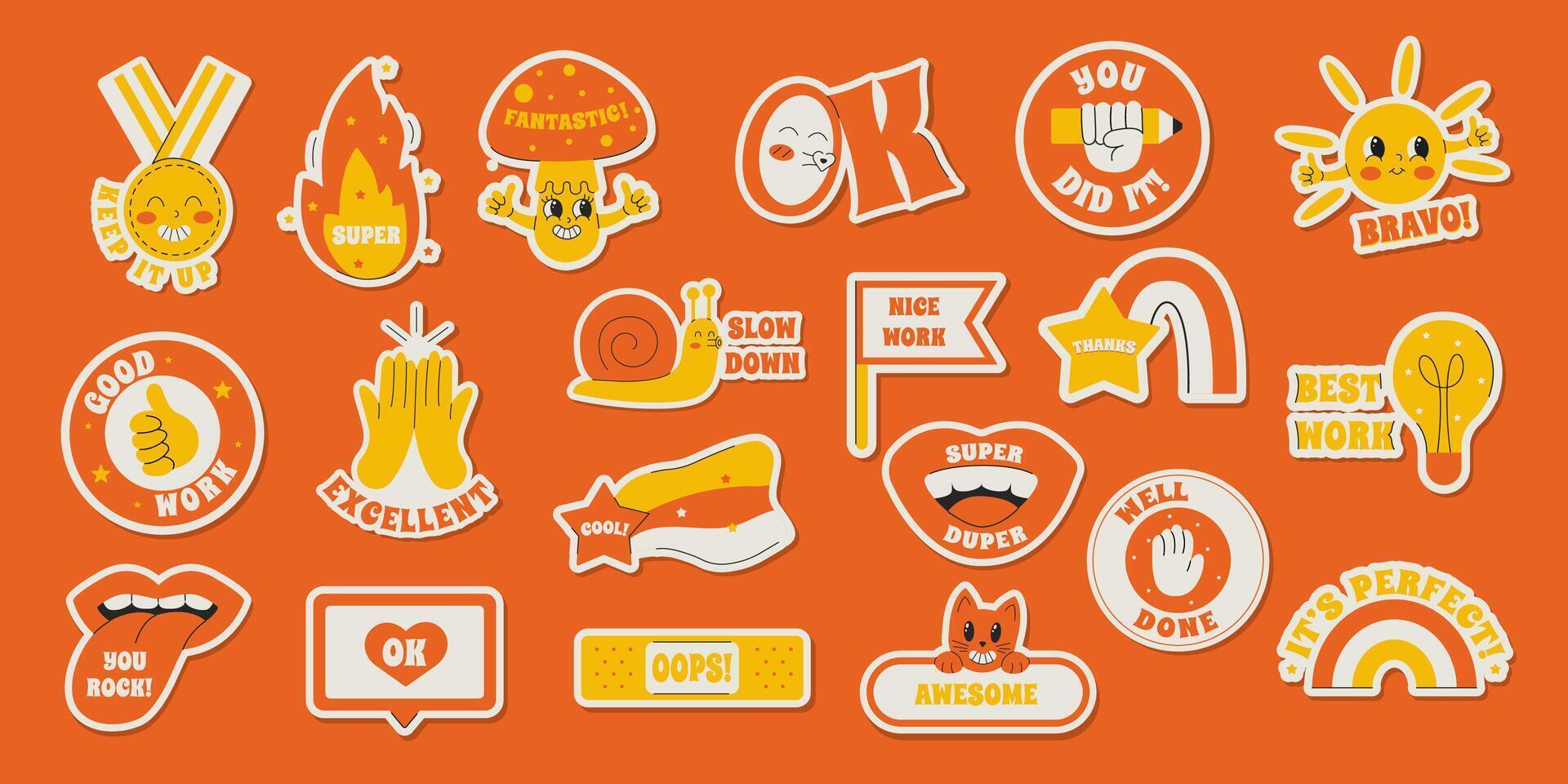 Set of Stickers Positive Saying Good job, nice work, super, bravo, well done. Illustration in Retro Groovy Style. vector