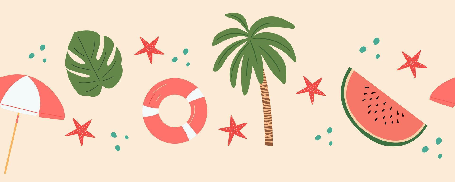 Summer horizontal seamless border. Beach banner with palm, umbrella and rubber ring. vector