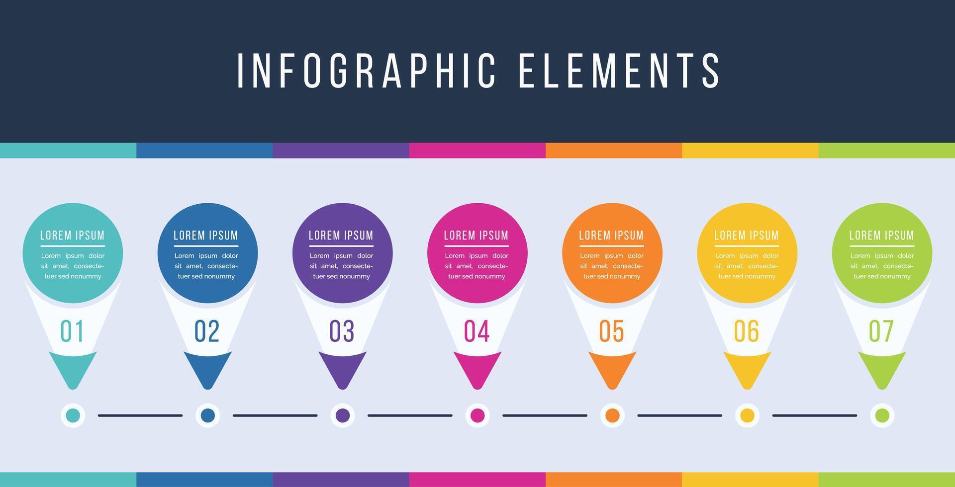 Infographic elements timeline 7 objects, elements, steps or options business information design infographics template vector