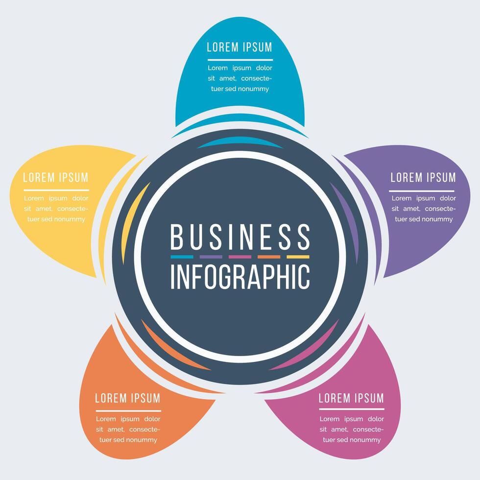 Business infographic design 5 steps, objects, elements or options infographic circle design template vector