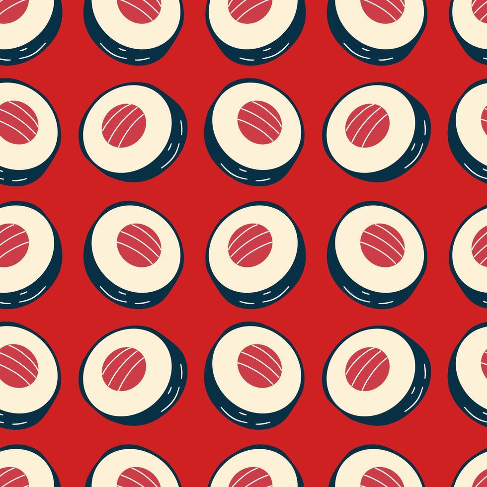 seamless pattern japanese traditional food, rolls, sushi, cartoon style on red background vector