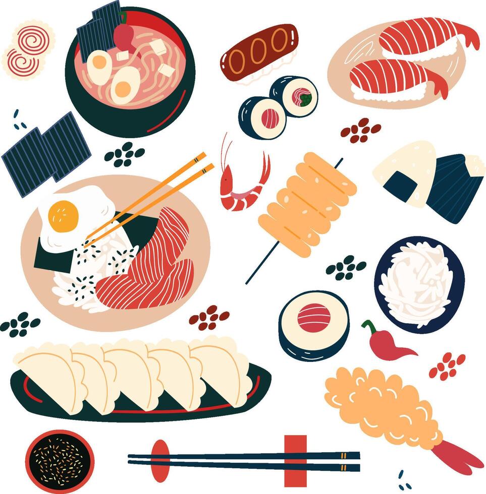 Asian cuisine dish set. Japanese and Chinese food. vector