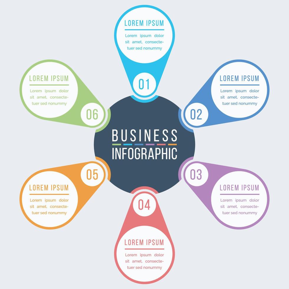 Business infographic design 6 steps, objects, elements or options infographic circle design template vector