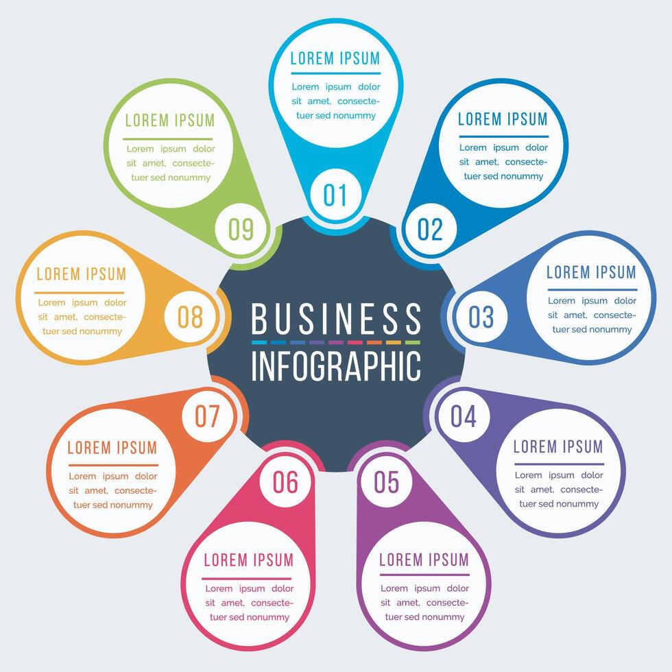 Business infographic design 9 steps, objects, elements or options infographic circle design template vector
