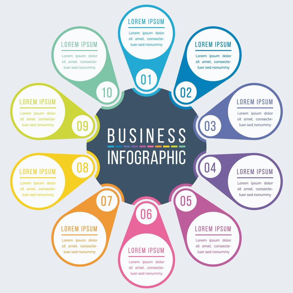 Business infographic design 10 steps, objects, elements or options infographic circle design template for business information vector