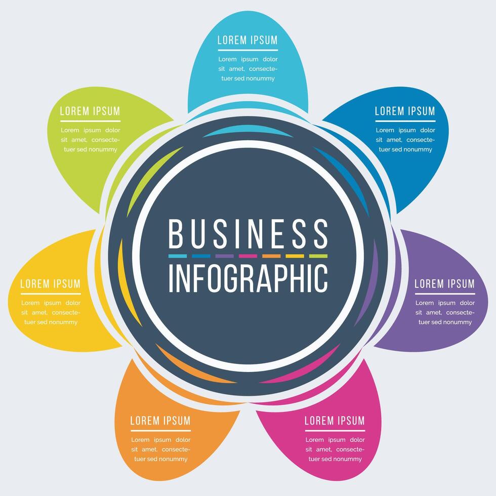 Business infographic design 7 steps, objects, elements or options infographic circle design template vector