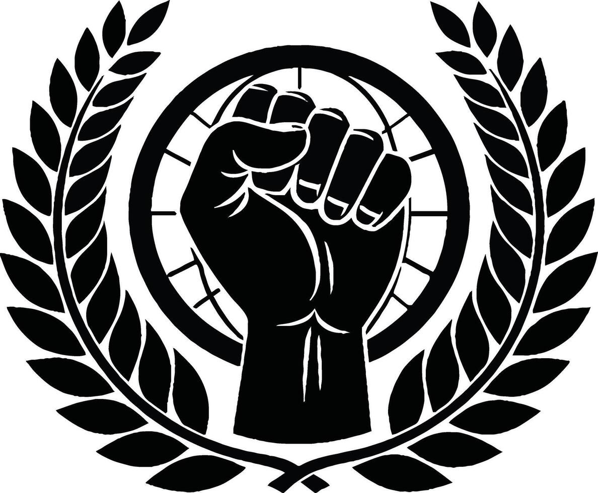 a black and white logo of a fist with a laurel wreath vector
