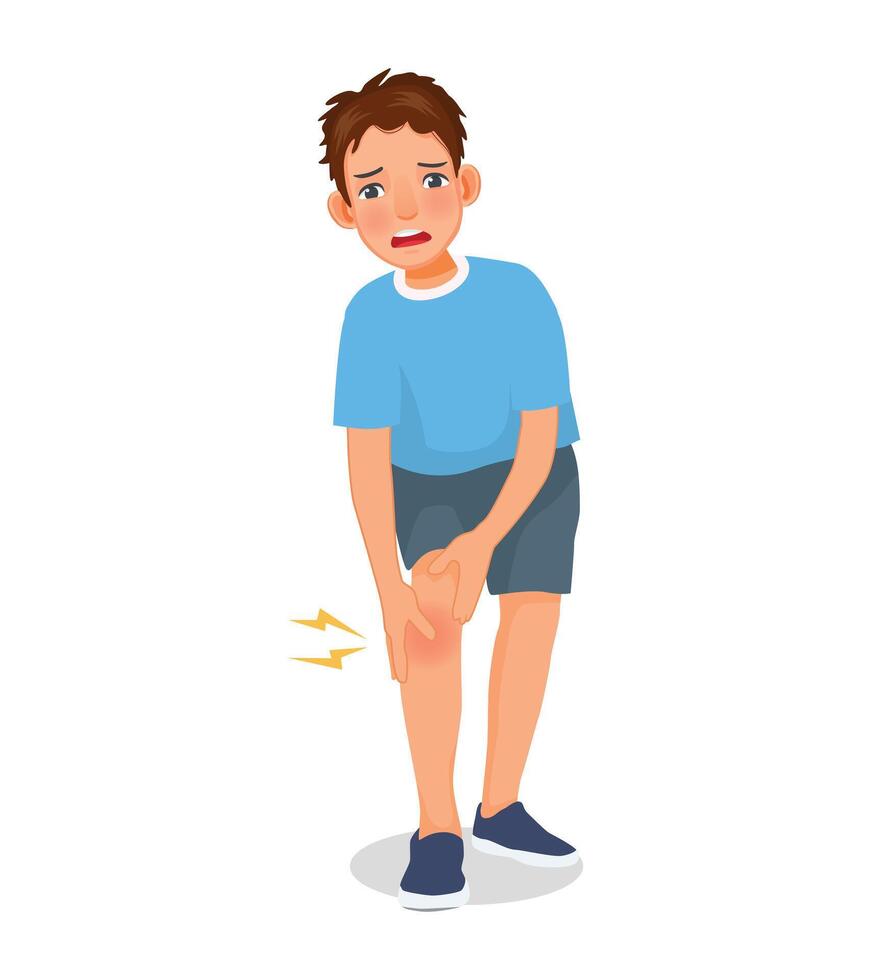 Young man suffering from knee pain holding his injured leg while exercising vector