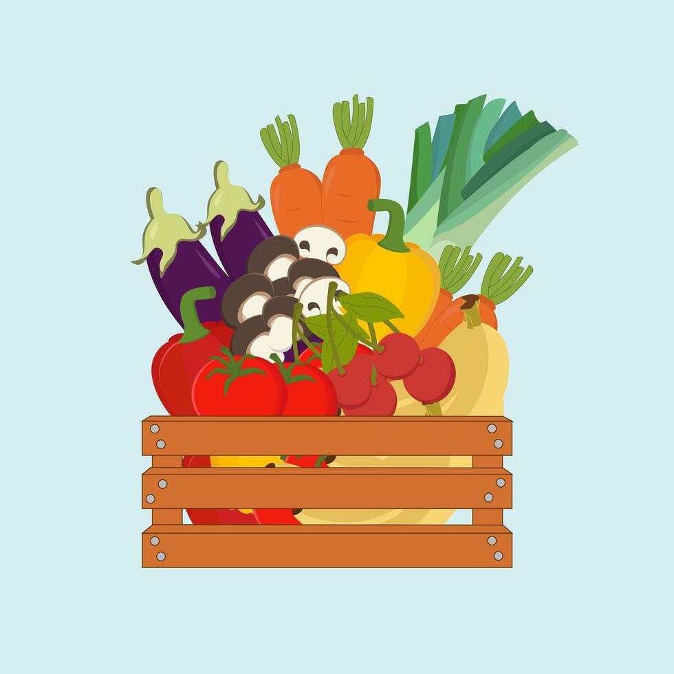 Vegetables and fruits in basket. There are bananas, tomatoes, peppers, cherries, carrots, shiitake mushrooms, eggplant and leeks. Isolated background. vector