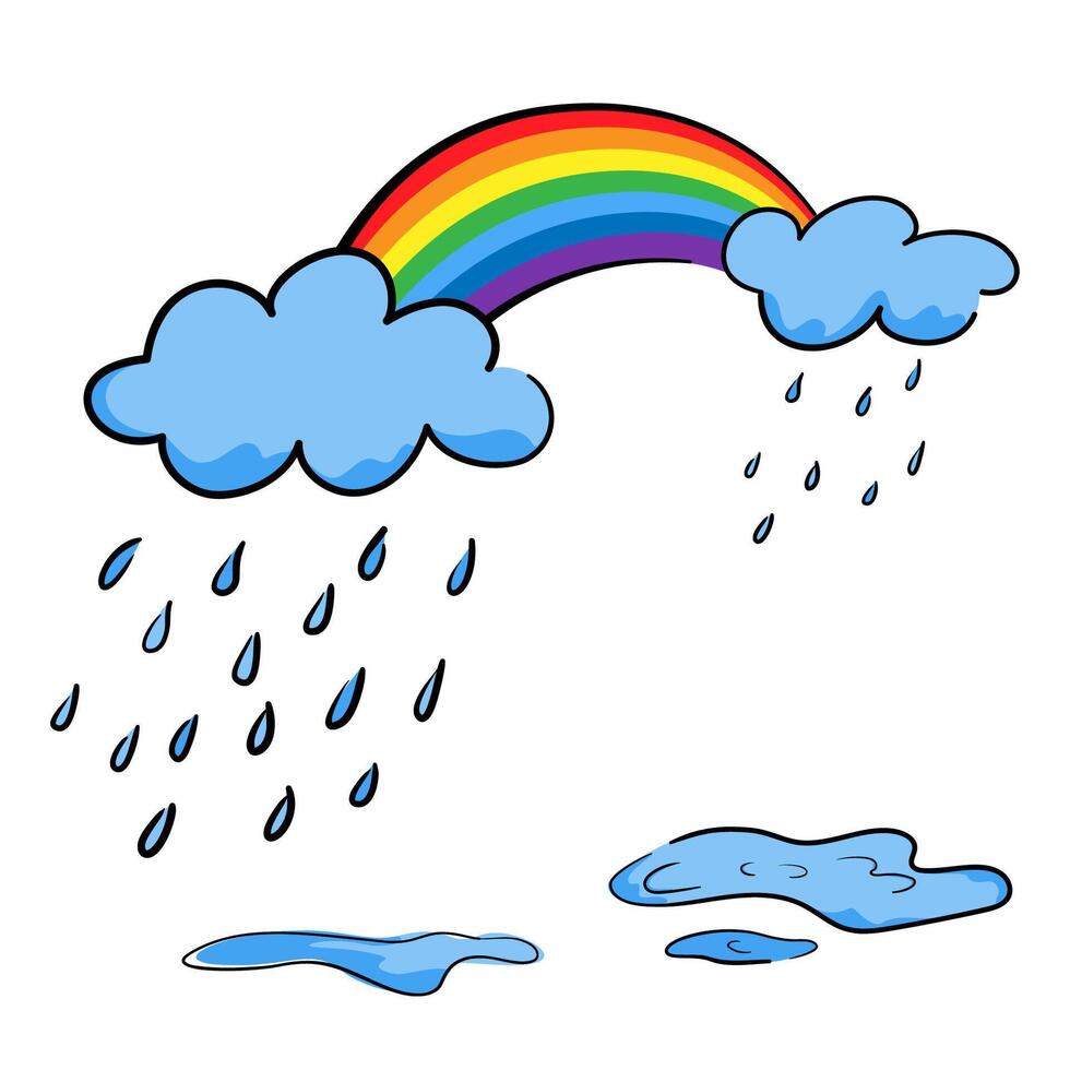 Rainbow with rain clouds and puddles in hand-drawn style, concept about a rainy season. Isolated illustration for print, digital and more design vector