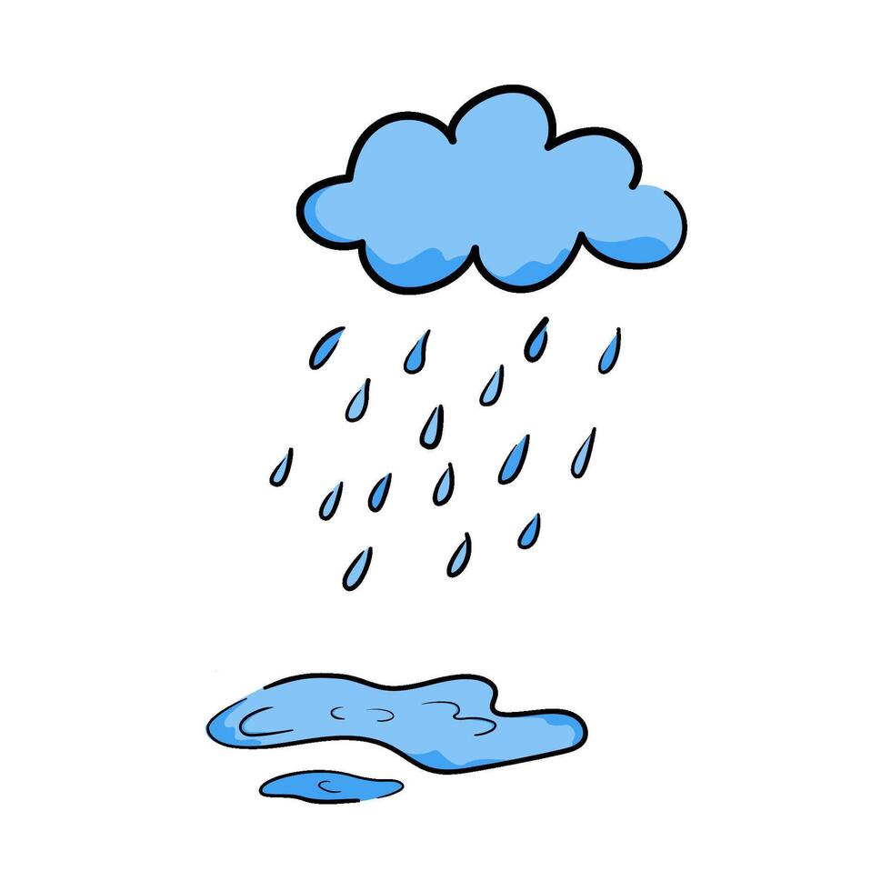 Cloud with rain and puddles in hand-drawn style, concept about a rainy season. Isolated illustration for print, digital and more design vector