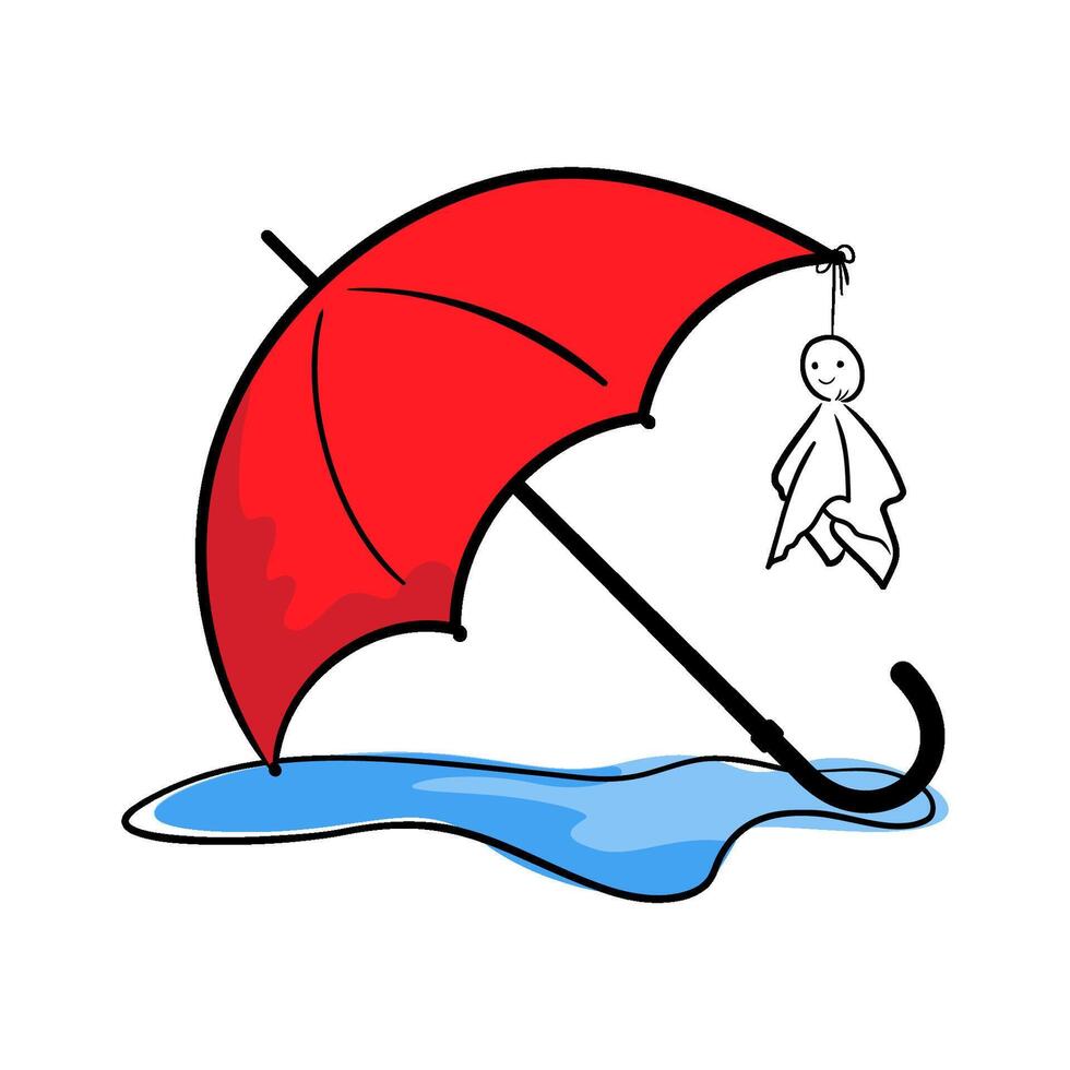 Red umbrella and japanese Teru Teru Bozu doll with puddle in hand-drawn style, concept about a rainy season. Isolated illustration for print, digital and more design vector