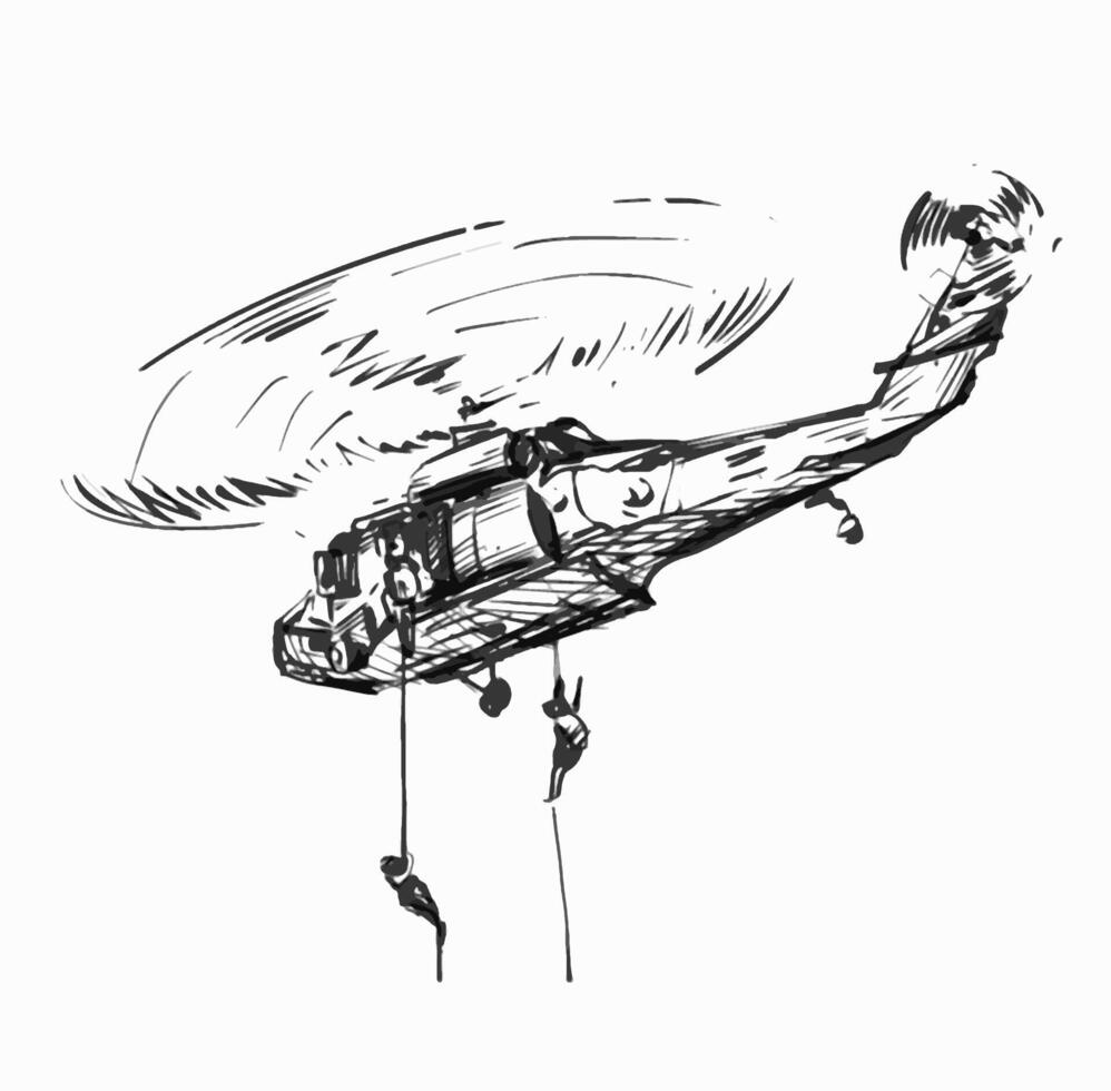Drawing of Military commando helicopter drops in silhouette vector