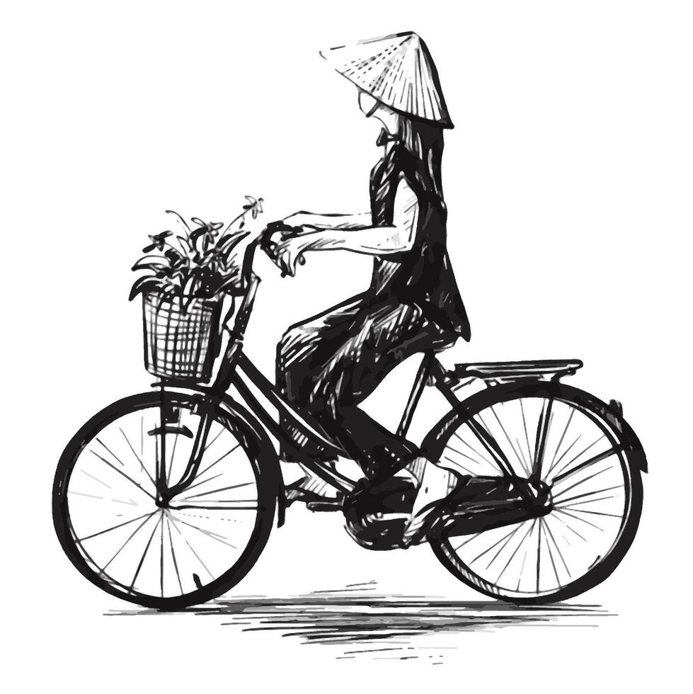 Drawing of Flower vendor in a street in Hanoi, Vietnam vector