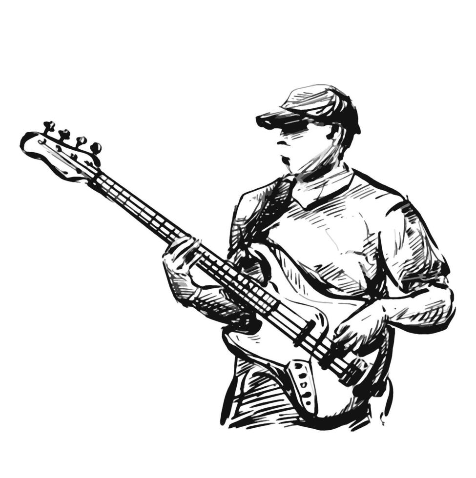 dibujo de guitarrista bajo en etapa vector