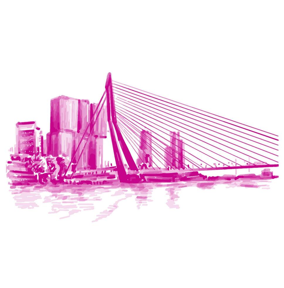 hand drawn background of the erasmusbrug rotterdam netherlands in pink vector