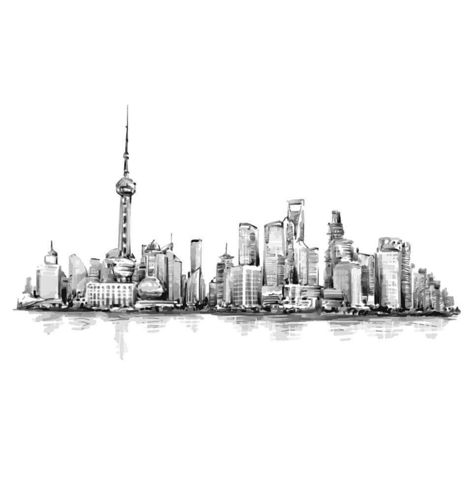 Drawing background of shanghai skyline with reflection,China vector