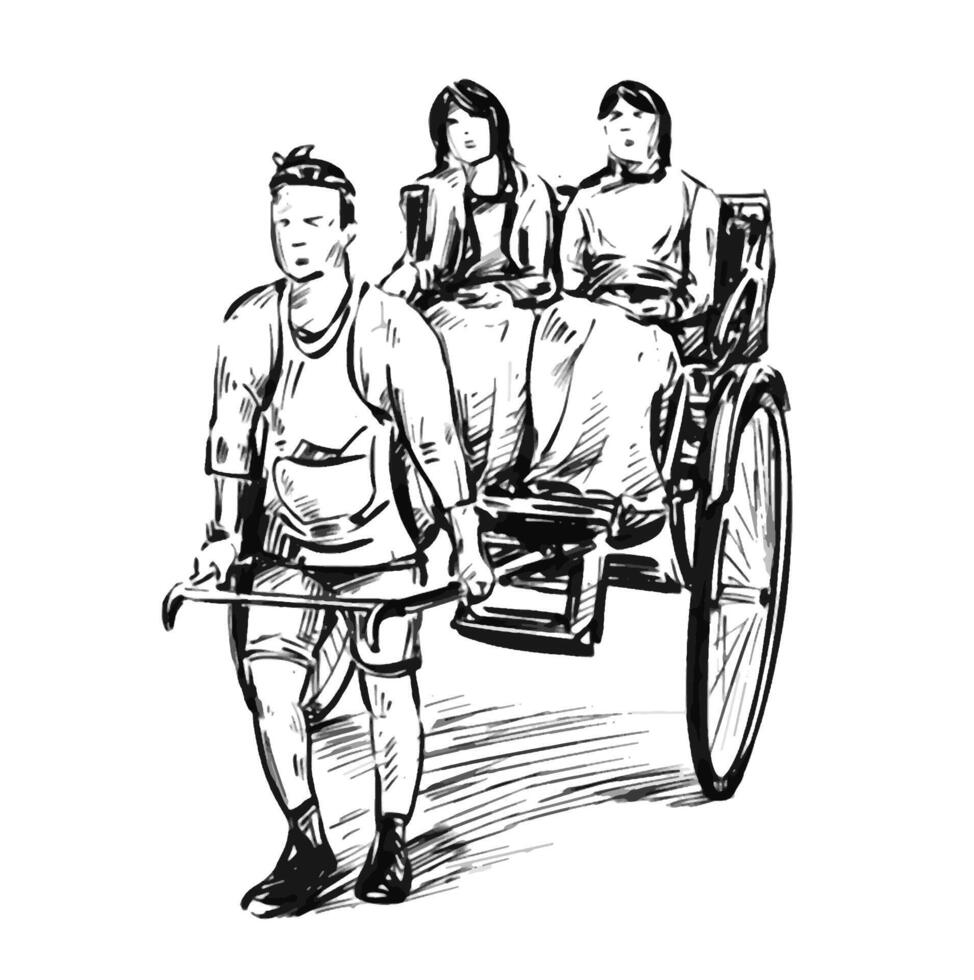 Drawing of the Japanese rickshaw man in Kyoto vector