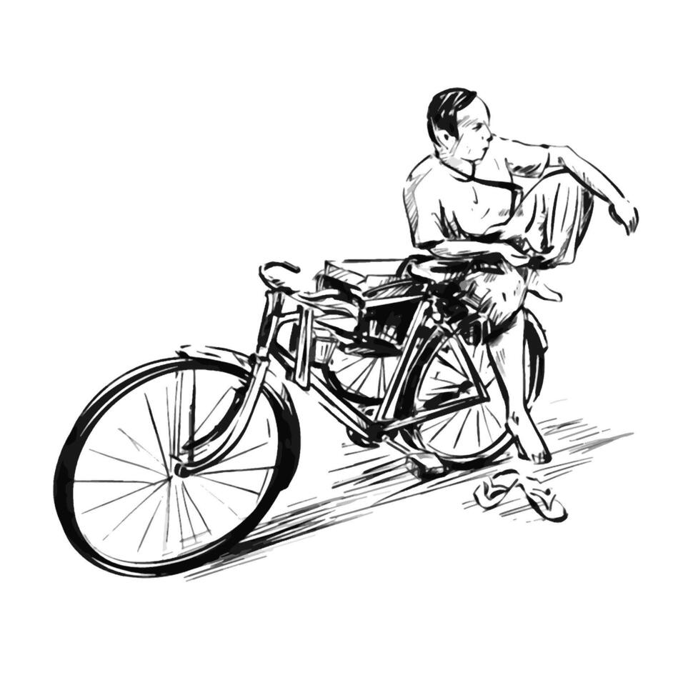 dibujo de un bicitaxi conductor en el calle en myanmar vector