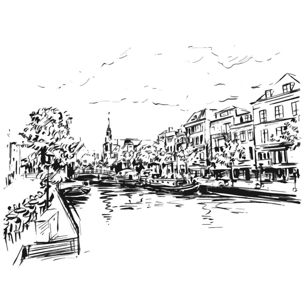 Sketch of the Netherlands riverside in Amsterdam. vector