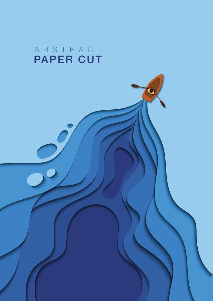 Illustration of a man rowing boat on a blue water surface in layered paper cut effect vector