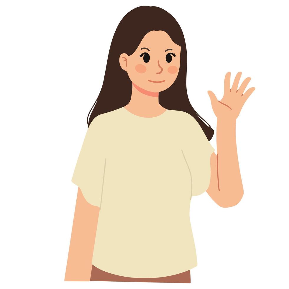 A woman waving gesturing hello goodbye with one hand illustration vector