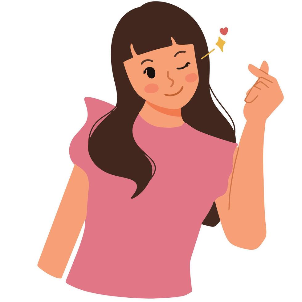 mujer gesticulando coreano amor dedo y parpadeo ilustración vector