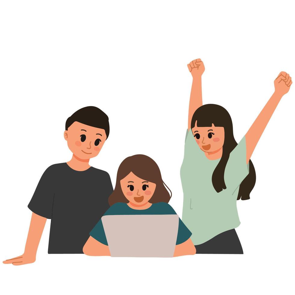 happy co workers in front of laptop celebrate smile illustration vector