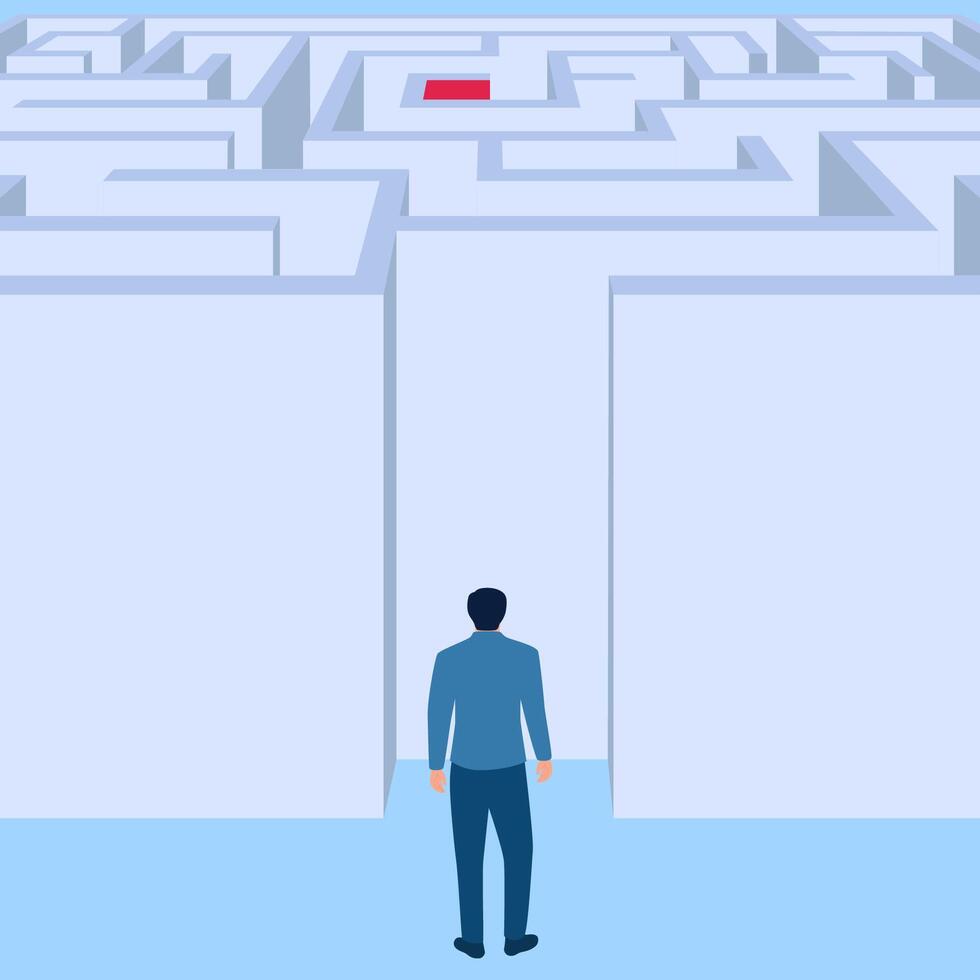 People standing in front of a maze towards the center, business challenge metaphor vector