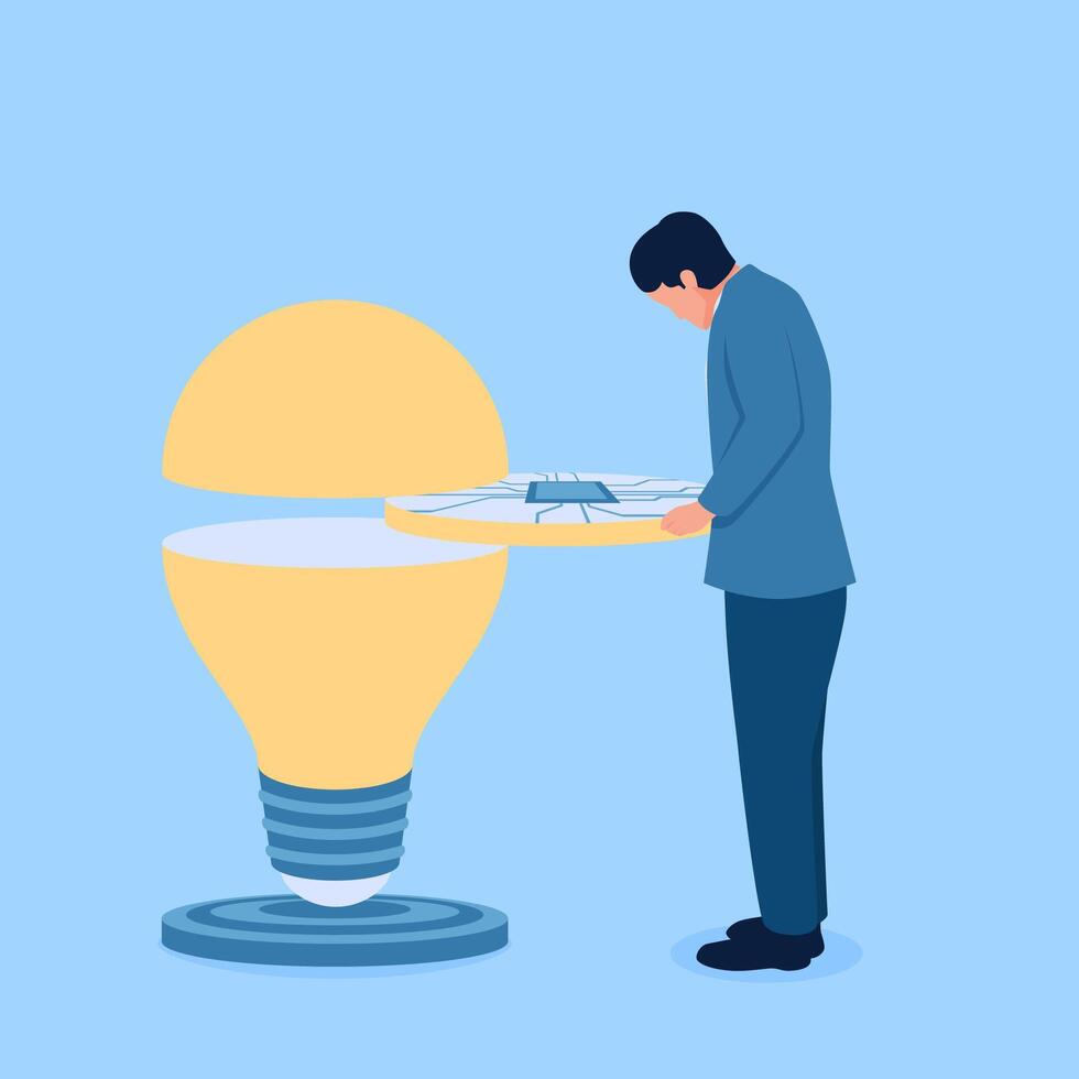 people open the lamp of an idea and analyze it, a metaphor for idea innovation vector
