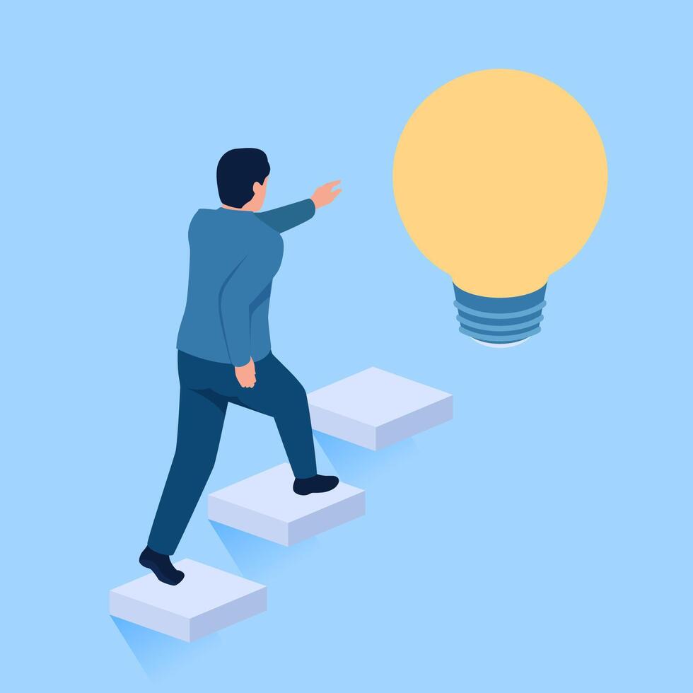 People walk towards the next ladder leading to the lamp of ideas, a metaphor of the path to business success vector