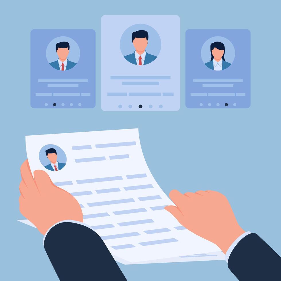 hand holding resume of prospective new employee, metaphor of recruitment vector