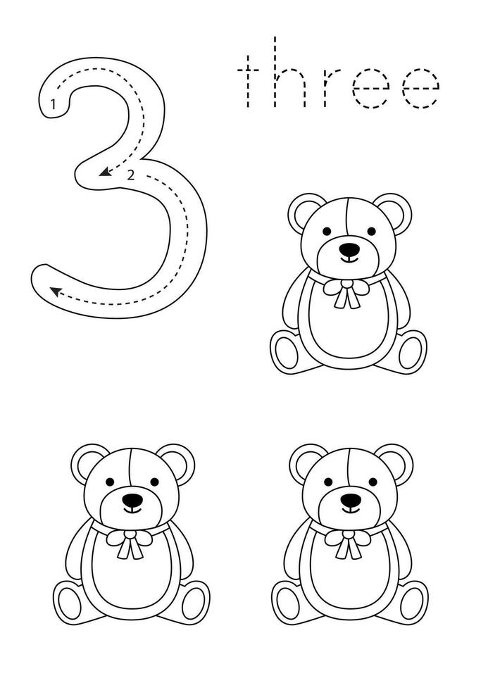 Flashcard number 3. Preschool worksheet. Count toys. vector