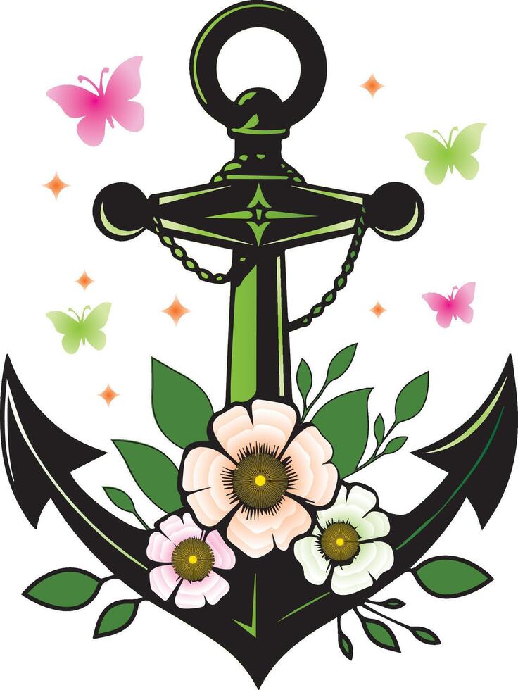 anchor with flowers and butterflies vector