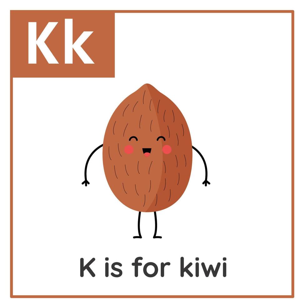 Fruta y vegetal alfabeto tarjeta de memoria flash para niños. aprendizaje letra k. k es para kiwi. vector