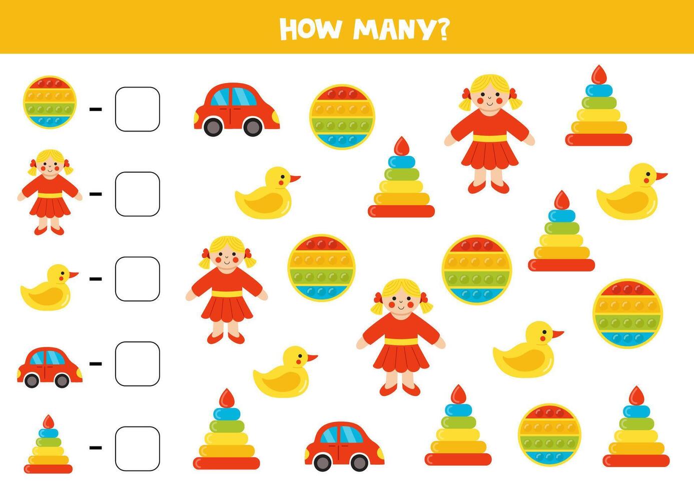 Counting game with cartoon kids toys. Math worksheet. vector