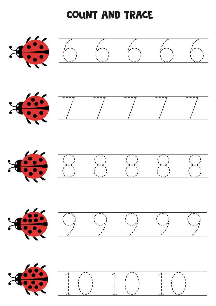 Count red ladybugs and trace numbers. Educational worksheet for kids. vector
