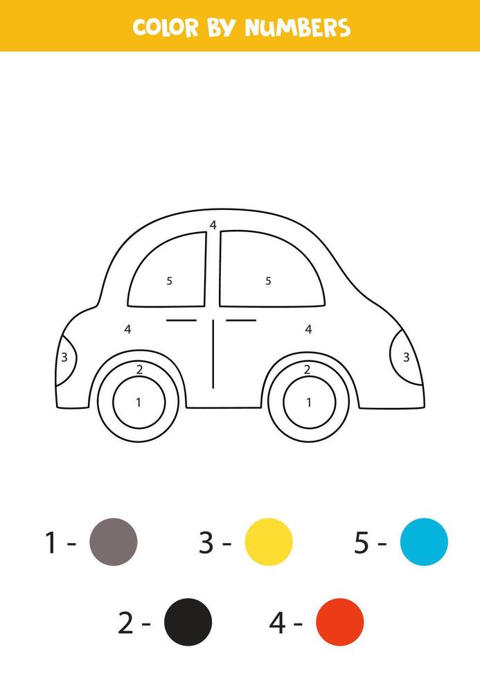 Color cartoon toy car by numbers. Worksheet for kids. vector