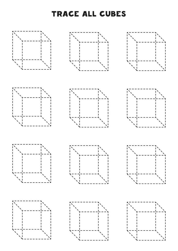 Trace all cubes. Handwriting practice for kids. Black and white worksheet. vector