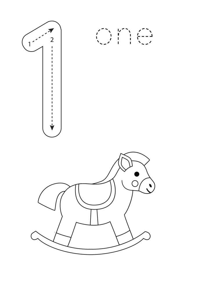 Flashcard number 1. Preschool worksheet. Count toys. vector