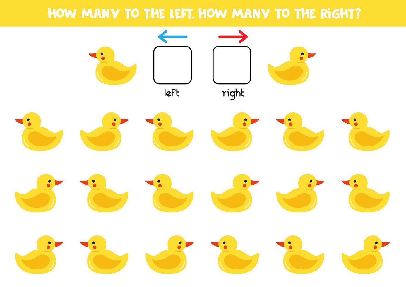 Left or right with cute cartoon yellow rubber duck. Logical worksheet for preschoolers. vector