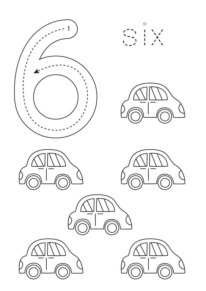 Flashcard number 6. Preschool worksheet. Count toys. vector